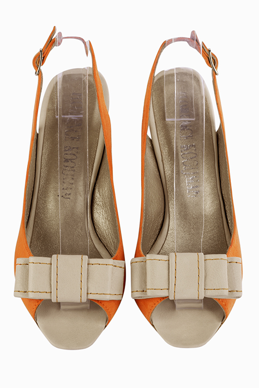 Apricot orange and champagne white women's slingback sandals. Square toe. Medium comma heels. Top view - Florence KOOIJMAN